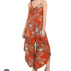 Boho Paisley Harem Jumpsuit Womens M Orange Blue Wide Leg Sleeveless Festival